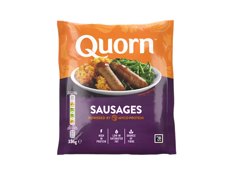 A bag of Quorn Sausages showing the prepared product and information on an orange and charcoal background.