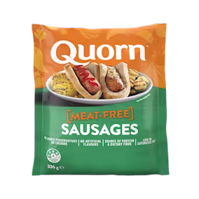 A bag of Quorn Sausages showing the prepared product and information on an orange and charcoal background.