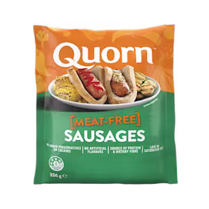 A bag of Quorn Sausages showing the prepared product and information on an orange and charcoal background.