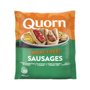 A bag of Quorn Sausages showing the prepared product and information on an orange and charcoal background.