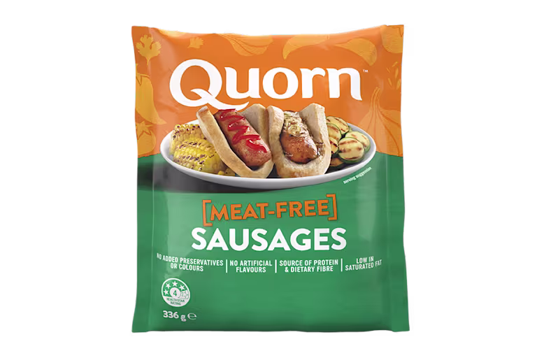 A bag of Quorn Sausages showing the prepared product and information on an orange and charcoal background.