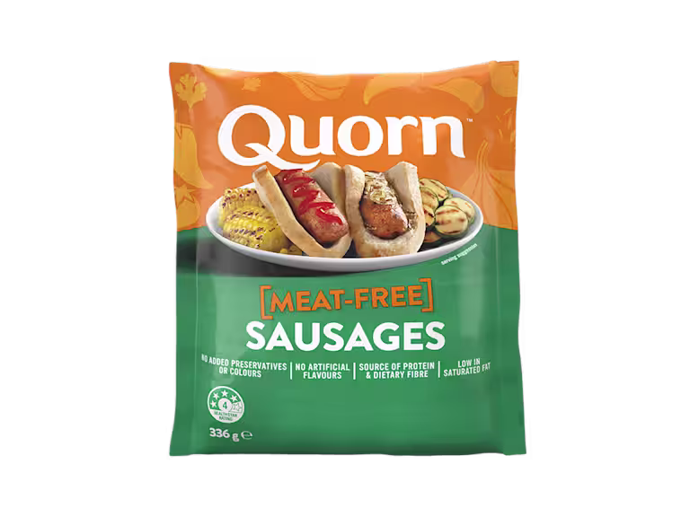 A bag of Quorn Sausages showing the prepared product and information on an orange and charcoal background.