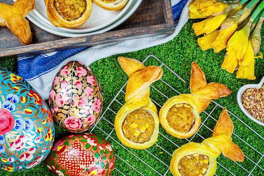 Vegan bunny rolls served on a cooling rack with easter eggs and daffodils on the side.