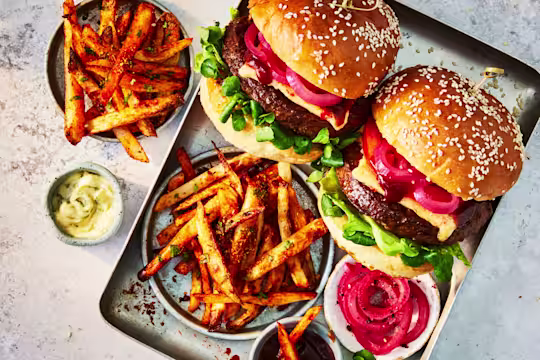 Quorn Vegetarian BBQ Quarter Pounder with cheese and seasoned fries