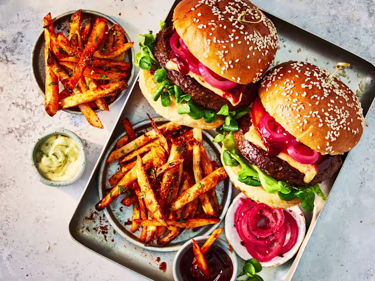 Quorn Vegetarian BBQ Quarter Pounder with cheese and seasoned fries