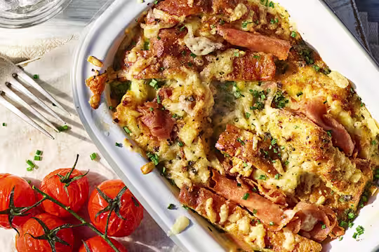 Quorn savoury Bread and Butter pudding with vegetarian ham