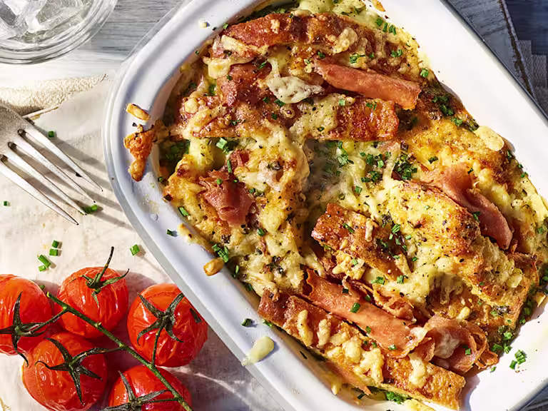 Quorn savoury Bread and Butter pudding with vegetarian ham