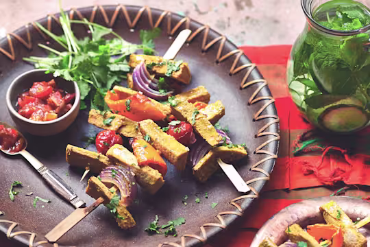 Vegetarian skewers made with Quorn Vegetarian Fillets, peppers, tomatoes and onion served on a plate with a side of tomato salsa