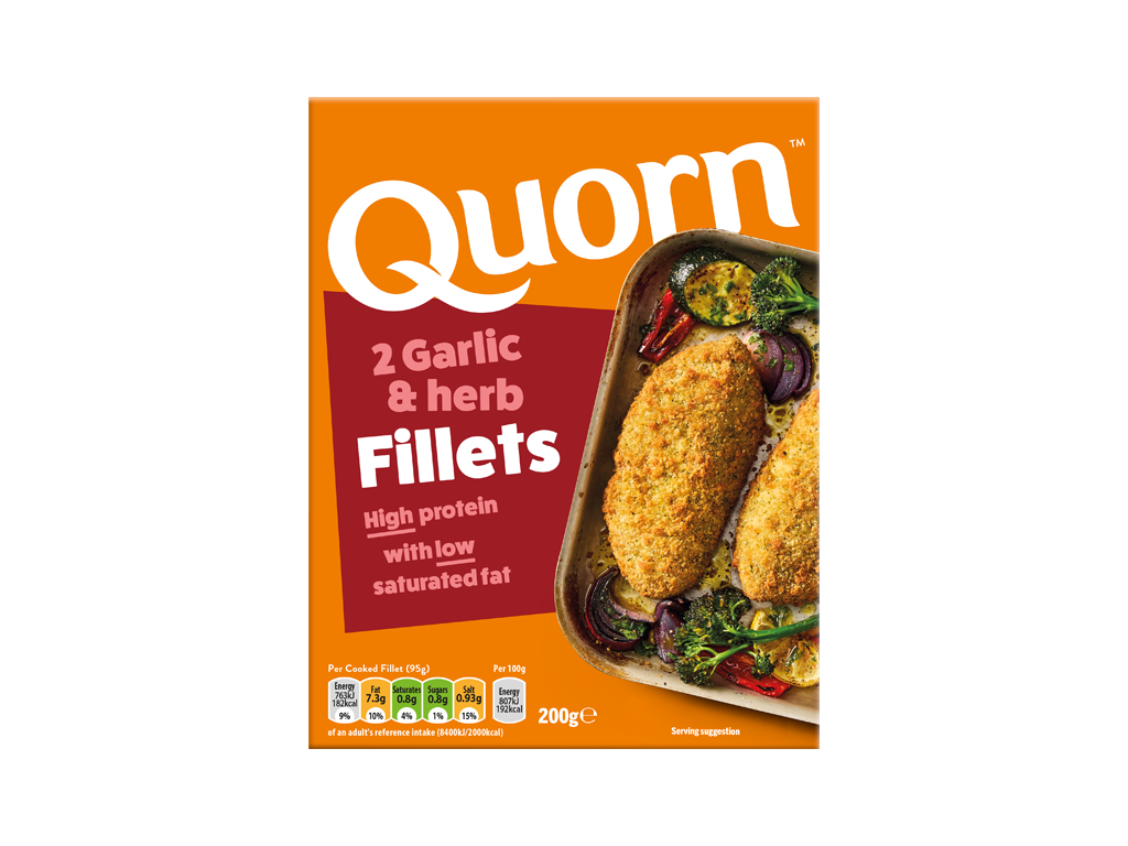 A box of Quorn Garlic & Herb Fillets showing the prepared product and information on an orange and charcoal background.