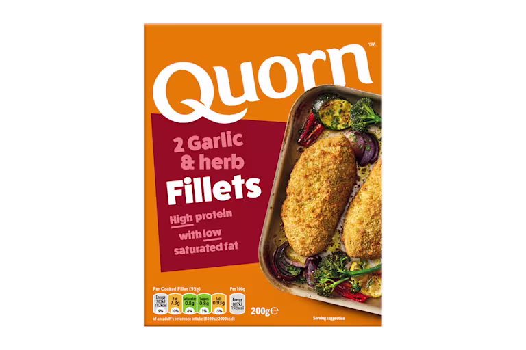 A box of Quorn Garlic & Herb Fillets showing the prepared product and information on an orange and charcoal background.