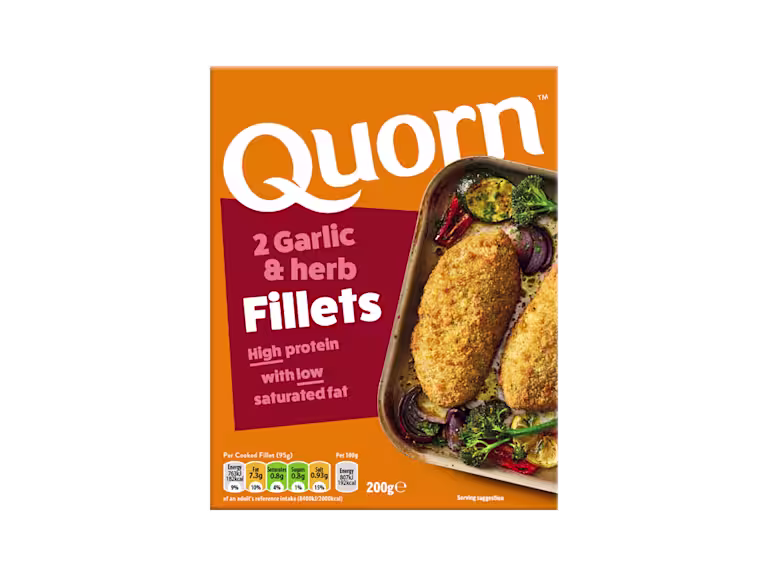 A box of Quorn Garlic & Herb Fillets showing the prepared product and information on an orange and charcoal background.