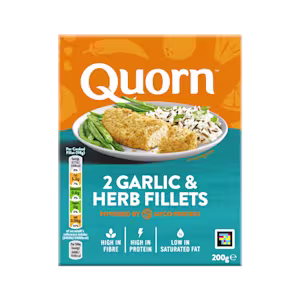 A box of Quorn Garlic & Herb Fillets showing the prepared product and information on an orange and charcoal background.