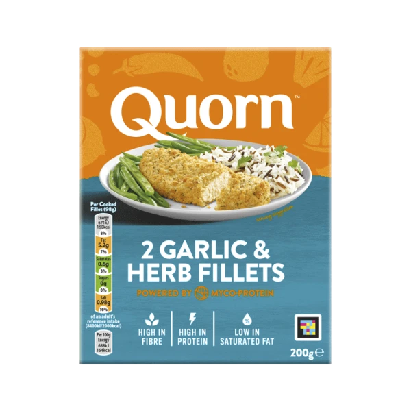 A box of Quorn Garlic & Herb Fillets showing the prepared product and information on an orange and charcoal background.