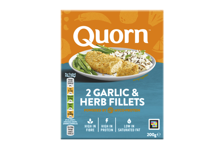 A box of Quorn Garlic & Herb Fillets showing the prepared product and information on an orange and charcoal background.