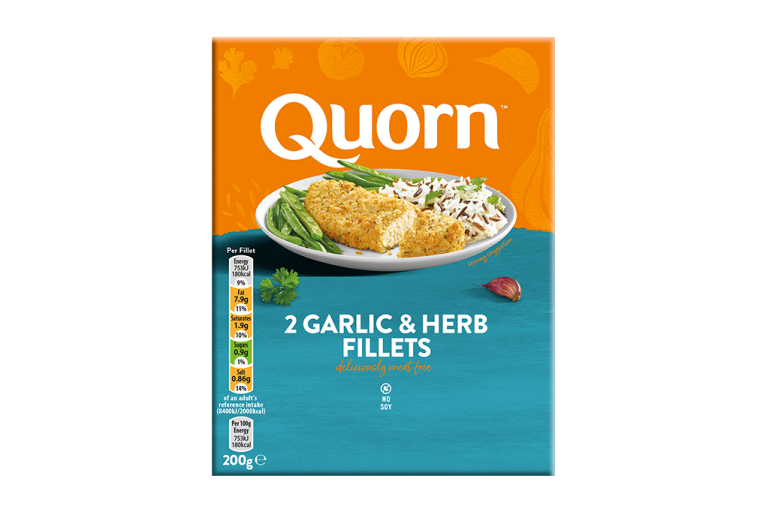A box of Quorn Garlic & Herb Fillets showing the prepared product and information on an orange and charcoal background.