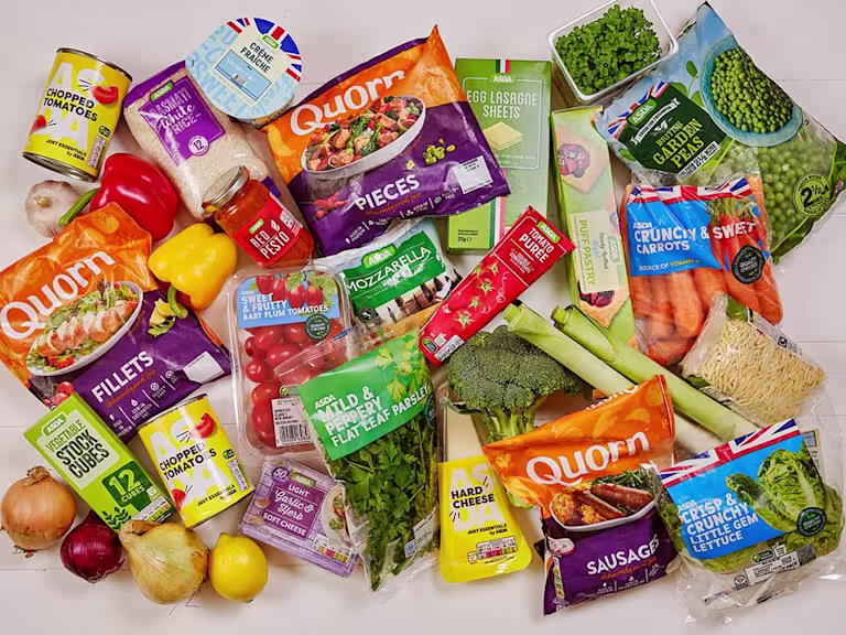 An assortment of products, including Quorn Fillets, Quorn Pieces and Quorn Sausages alongside other products such as vegetables and dry foods.