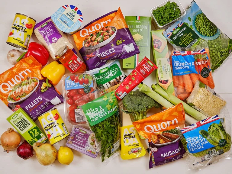 An assortment of products, including Quorn Fillets, Quorn Pieces and Quorn Sausages alongside other products such as vegetables and dry foods. 