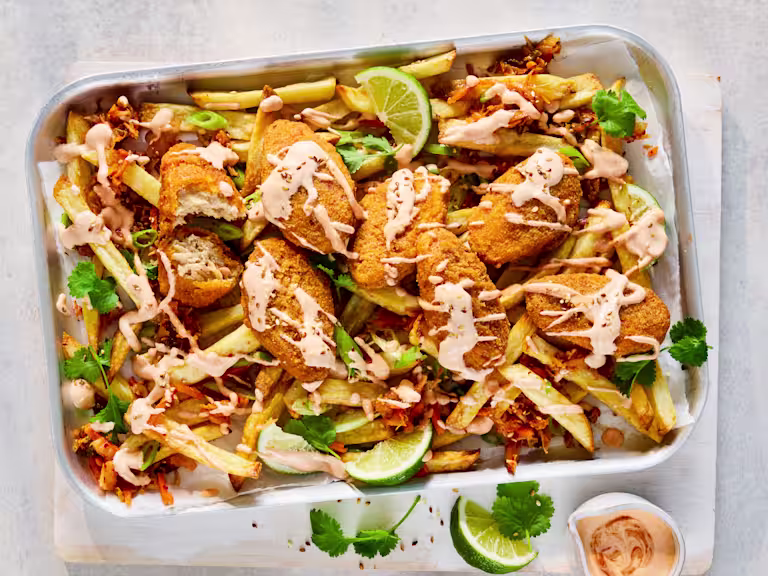 Loaded fries topped with Quorn Hot & Spicy Bites, kimchi and gochujang yoghurt sauce.