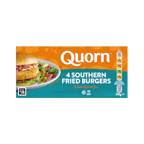 A box of Quorn Southern Fried Burgers showing the prepared product and information on an orange and charcoal background.