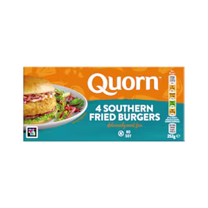 A box of Quorn Southern Fried Burgers showing the prepared product and information on an orange and charcoal background.