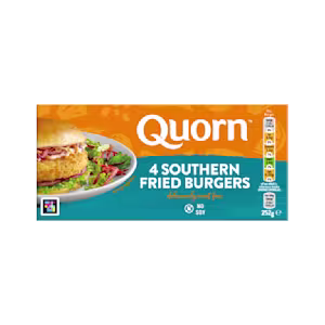 A box of Quorn Southern Fried Burgers showing the prepared product and information on an orange and charcoal background.