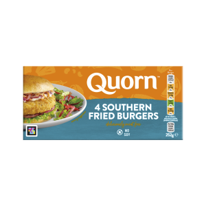 A box of Quorn Southern Fried Burgers showing the prepared product and information on an orange and charcoal background.