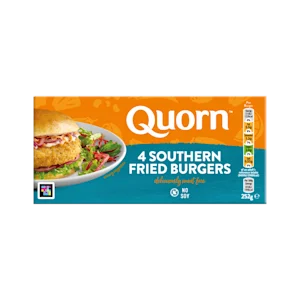 A box of Quorn Southern Fried Burgers showing the prepared product and information on an orange and charcoal background.