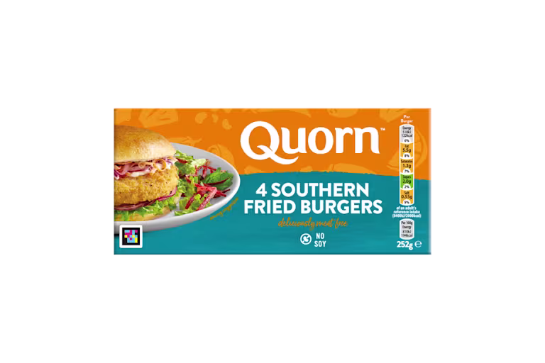 A box of Quorn Southern Fried Burgers showing the prepared product and information on an orange and charcoal background.