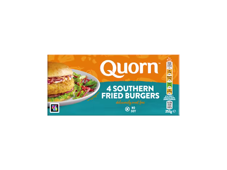 A box of Quorn Southern Fried Burgers showing the prepared product and information on an orange and charcoal background.