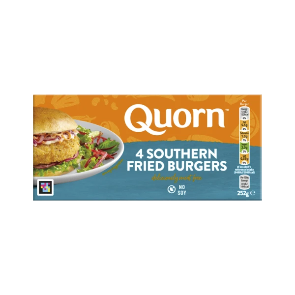 A box of Quorn Southern Fried Burgers showing the prepared product and information on an orange and charcoal background.