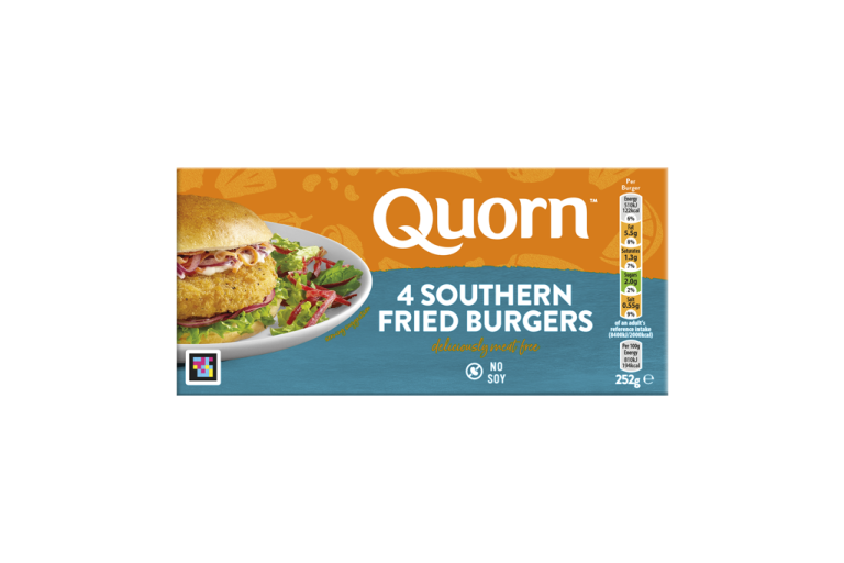 A box of Quorn Southern Fried Burgers showing the prepared product and information on an orange and charcoal background.