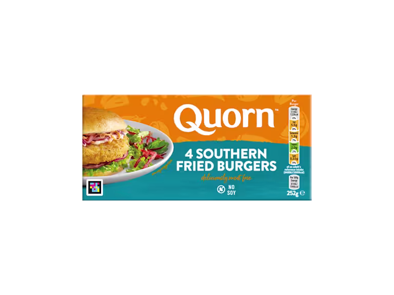 A box of Quorn Southern Fried Burgers showing the prepared product and information on an orange and charcoal background.