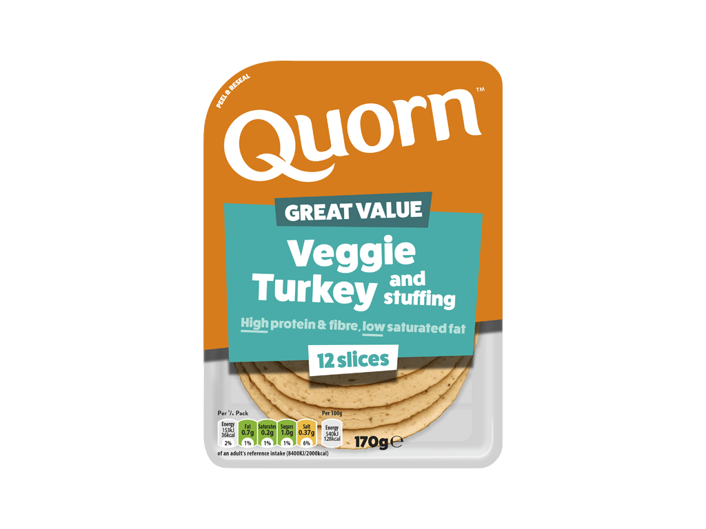 Meat free Quorn Vegetarian Turkey and Stuffing Slices product packaging with nutritional information