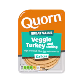 Meat free Quorn Vegetarian Turkey and Stuffing Slices product packaging with nutritional information