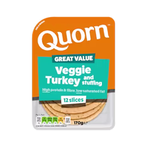 Meat free Quorn Vegetarian Turkey and Stuffing Slices product packaging with nutritional information