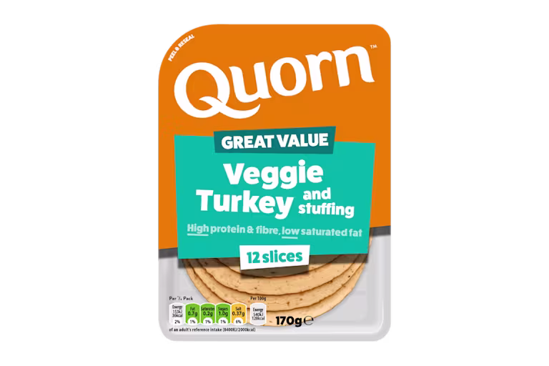 Meat free Quorn Vegetarian Turkey and Stuffing Slices product packaging with nutritional information
