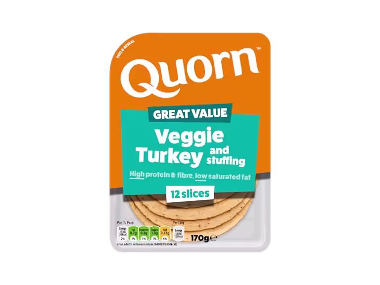 Meat free Quorn Vegetarian Turkey and Stuffing Slices product packaging with nutritional information