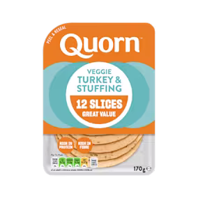 Meat free Quorn Vegetarian Turkey and Stuffing Slices product packaging with nutritional information