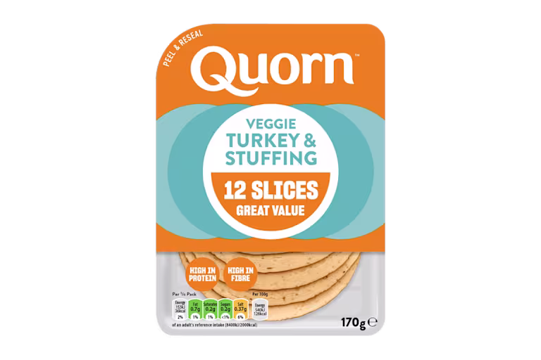 Meat free Quorn Vegetarian Turkey and Stuffing Slices product packaging with nutritional information