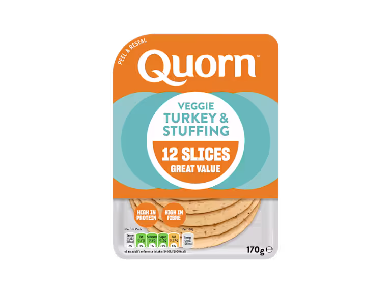 Meat free Quorn Vegetarian Turkey and Stuffing Slices product packaging with nutritional information