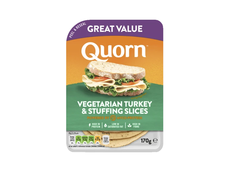 Meat free Quorn Vegetarian Turkey and Stuffing Slices product packaging with nutritional information