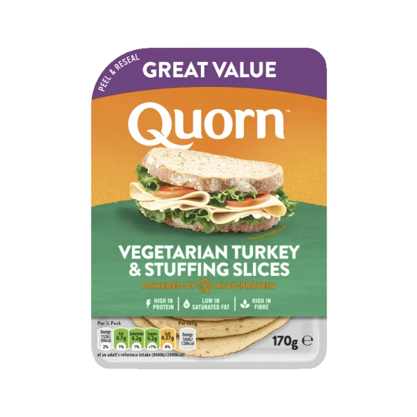 Meat free Quorn Vegetarian Turkey and Stuffing Slices product packaging with nutritional information