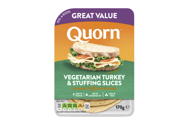 Meat free Quorn Vegetarian Turkey and Stuffing Slices product packaging with nutritional information