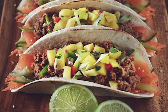 Two tacos in flour tortillas filled with ribbons of carrot and zucchini and Quorn Meatless Grounds, topped with mango salsa and served on a wooden plank with a wedge of lime on the side.