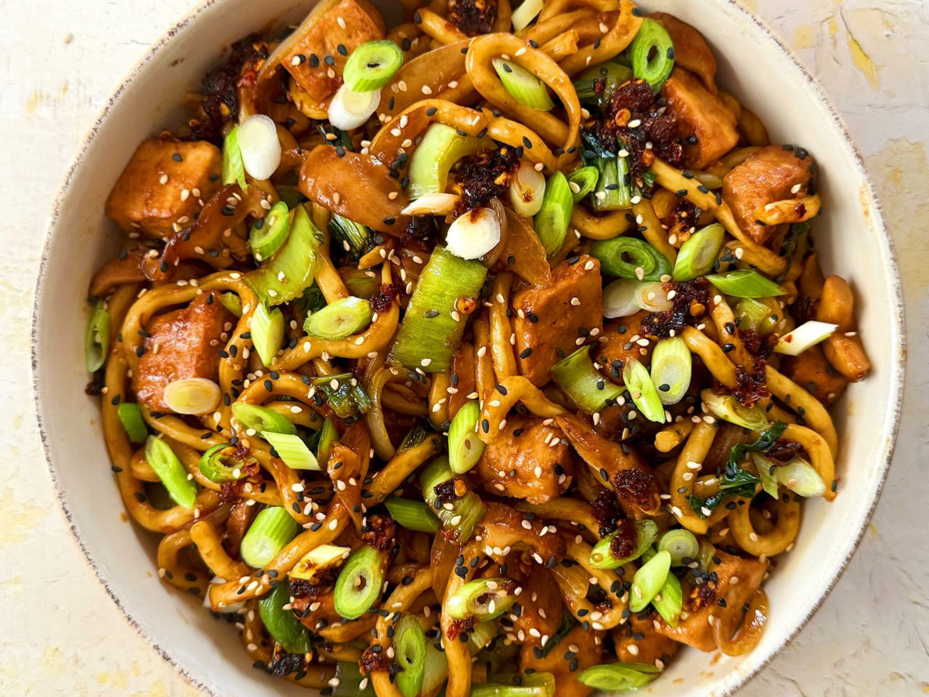 Yaki Udon Noodles with Quorn Pieces in a bowl
