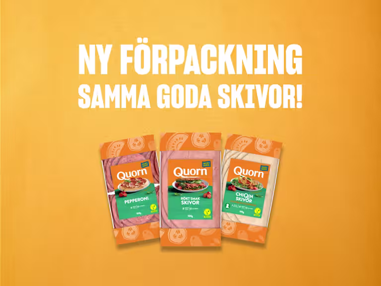 Quorn-produkter i ny förpackning på en orange bakgrund