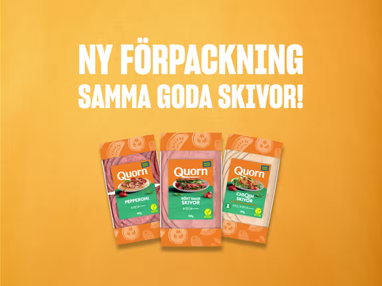 Quorn-produkter i ny förpackning på en orange bakgrund