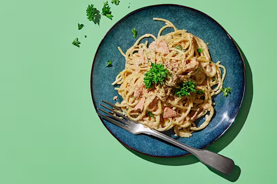 vegansk carbonara, rökt smak, snabbt, quorn
