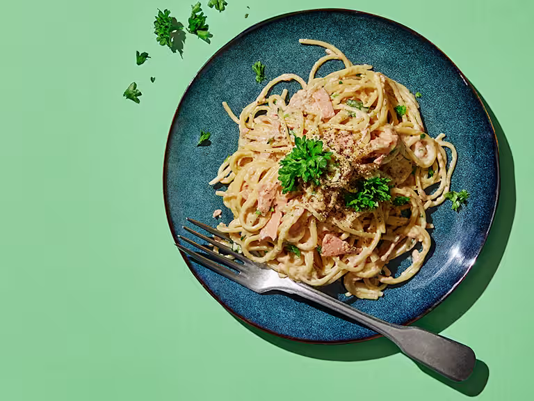 vegansk carbonara, rökt smak, snabbt, quorn