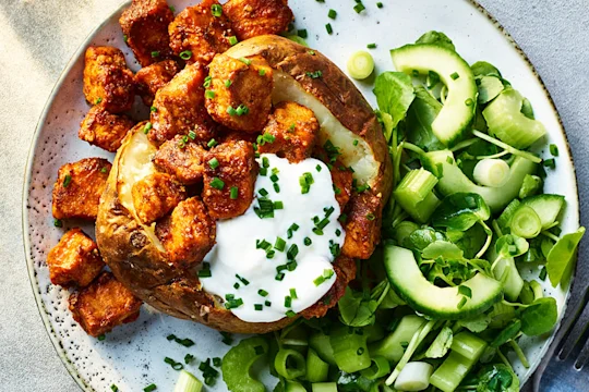 Air Fryer Potato with Quorn Pieces in a BBQ sauce, with a salad on the side